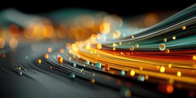 Colorful abstract wave of light particles flowing across a dark background with glowing orbs and smooth curves photo