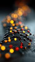 Close-up view of intricate molecular structure with vibrant glowing colors on a dark surface during nighttime photo