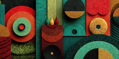 Colorful abstract art installation featuring various shapes and textures in vibrant hues photo