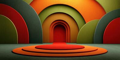 Colorful abstract backdrop with layered arches and a central red entrance for creative displays photo