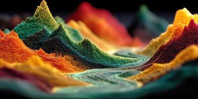 Colorful abstract landscape with vibrant hills and flowing river in a unique artistic arrangement photo