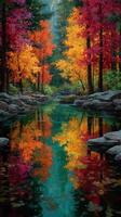 Vibrant autumn colors reflected in tranquil waters of a forest stream in a scenic landscape during early afternoon sunlight photo