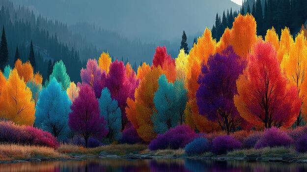 Vibrant fall foliage reflecting in a serene lake surrounded by mountains at sunset photo