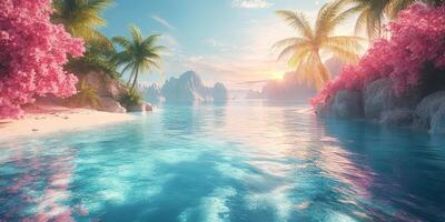 Serene tropical beach at sunset with pink flowers and clear blue water photo