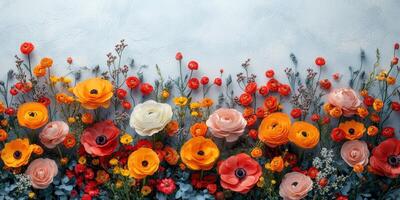 Vibrant spring flowers in a colorful display with various blossoms arranged beautifully on a textured backdrop photo
