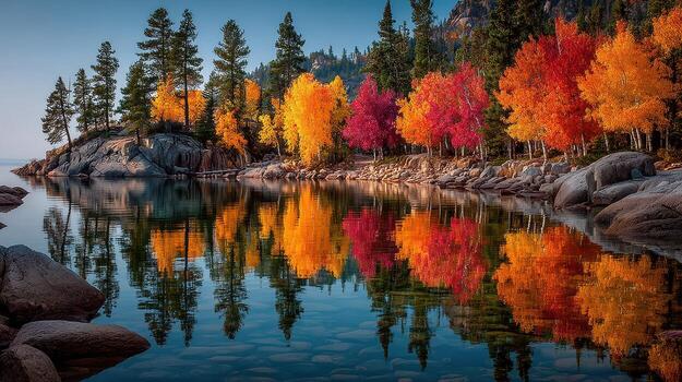 Vibrant autumn colors reflect in a serene lake surrounded by trees at a tranquil location during early morning light photo