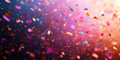 Colorful confetti floating in the air during a celebratory event with vibrant lighting at night photo