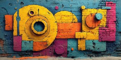Colorful abstract mural on a brick wall adds vibrancy to urban environment during bright daylight photo