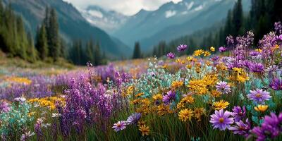 Stunning wildflower meadow comes alive with vibrant colors in a serene mountain landscape during spring photo