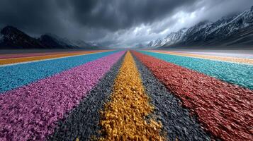 Colorful striped landscape stretches across the barren terrain under an overcast sky with dark mountains in the background photo