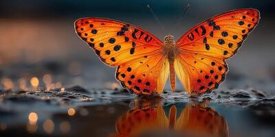 Bright orange butterfly with striking patterns perched on water during golden hour at a serene location photo
