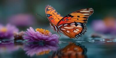 Colorful butterfly perched on blooming flower in tranquil water setting during sunny day photo