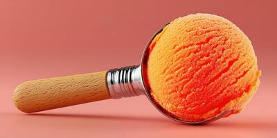 Bright orange ice cream scoop with a wooden handle against a coral background photo
