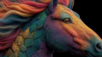 Colorful artistic representation of a horse with vibrant textures against a dark background photo