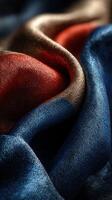 Textured fabric displays vibrant colors in a close-up shot highlighting intricate weaves and folds photo