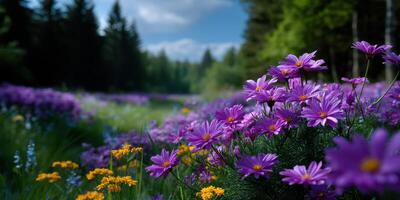 Beautiful wildflower meadow in spring under a clear blue sky showcasing vibrant purple and yellow blooms photo