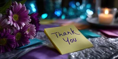 Thoughtful gratitude note with flowers and candle setting in a warm atmosphere during an evening gathering photo