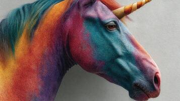 Vibrantly colored unicorn head posing against a simple gray background showcasing a whimsical, artistic interpretation of its features photo
