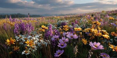 Vibrant wildflower meadow under a cloudy sky in the afternoon light with various colorful blossoms photo