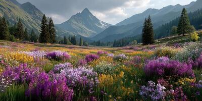 Vibrant wildflower meadow in the mountains during a sunny day with scattered clouds photo