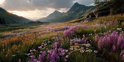 Vibrant wildflower meadow in the mountains at sunset showcases nature's beauty in full bloom photo