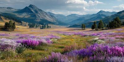 Vibrant wildflower meadow in mountain valley during late afternoon with blooming flowers under a cloudy sky photo