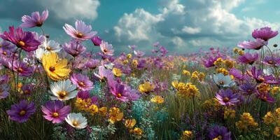 Vibrant wildflower field under a bright sky with fluffy clouds in springtime photo
