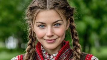 Portrait of a young woman with braided hair smiling warmly in traditional attire surrounded by lush greenery photo