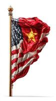Flags of the United States and China intertwined, symbolizing international relations and collaboration photo