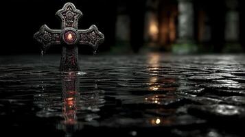 Dark and reflective graveyard scene featuring a detailed cross among puddles at twilight photo