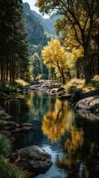 Autumn reflections on a tranquil river surrounded by colorful trees in a serene mountainous landscape photo