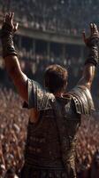 Gladiatorial champion raises arms in triumph before roaring crowd in ancient arena photo
