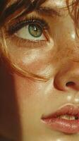 Close-up view of a woman's face highlighting her radiant skin, green eyes, and natural freckles during golden hour lighting photo