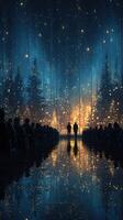 Illuminated gathering under starry night sky with trees and reflections during a winter celebration event photo