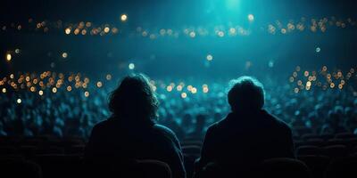 Audience enjoying a captivating performance in a dimly lit theater at night photo