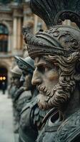 Intricate sculptures of ancient warriors line the courtyard, showcasing historical artistry at the early morning light photo