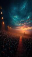 Audience captivated by a performer under a vibrant sunset sky in a theater setting photo