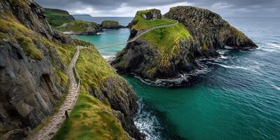 Exploring the stunning coastal cliffs and rope bridge at Carrick-a-Rede in Northern Ireland during a cloudy day photo