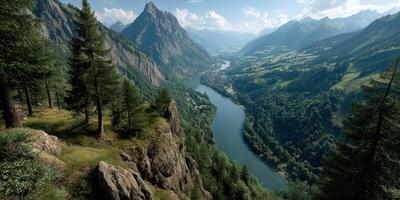 Scenic view of a winding river surrounded by lush mountains and dense trees under a clear blue sky photo