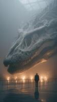 Giant dinosaur skull displayed in a misty museum hall captivates visitor's attention during a late afternoon photo