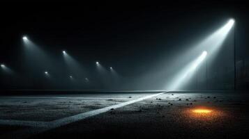 Evening illumination highlights deserted sports field with shadows and fog photo