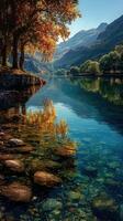 Calm river reflecting autumn colors with mountains and trees in the background on a sunny day photo