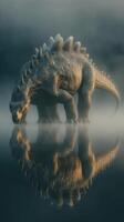 Large dinosaur drinking water at dawn in a misty lake environment with dramatic reflections photo
