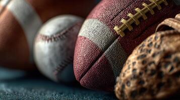 Sports equipment arranged on a table featuring a football, baseball, and glove in a well-lit environment photo
