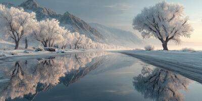 Winter landscape with frosted trees and mirrored reflections by a serene river at sunrise photo