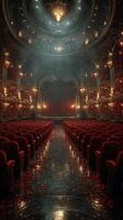 Luxurious theater interior with red velvet seats and ornate lighting showcasing an elegant stage setting photo