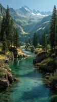 Serene mountain river flows through lush forest under clear blue skies in vibrant landscape photo