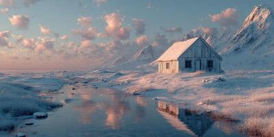 Snow-covered landscape with a solitary cabin and mountains during twilight in a serene environment photo