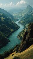 Majestic river winding through lush green mountains and valleys in a serene landscape during daytime photo