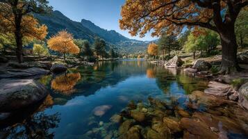 Autumn reflection on serene lake surrounded by mountains and colorful trees in clear blue sky photo